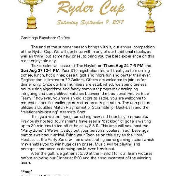 Golf Ryder Cup Sept 9th Tickets Sold Out - Waiting list established.